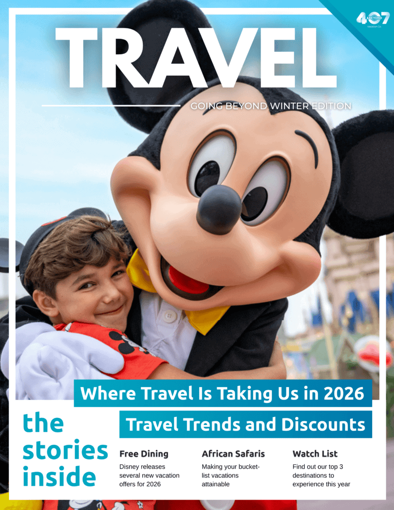 Mickey Mouse with a child at a theme park, promoting travel and vacation experiences.