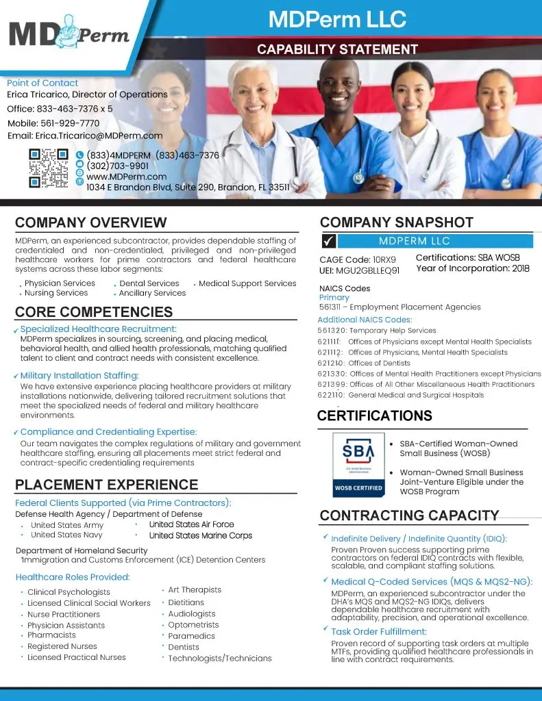 Capabilities Statement MDPerm LLC 2025 - MDPerm.com MDPerm, an experienced subcontractor, provides dependable staffing of credentialed and non-credentialed, privileged and non-privileged healthcare workers for prime contractors and federal healthcare.