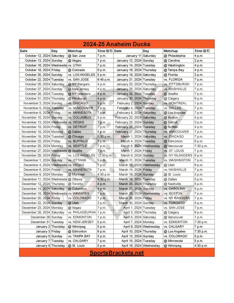 2024-25 Anaheim Ducks Schedule