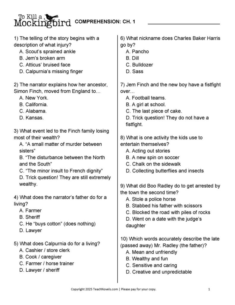 To Kill a Mockingbird Questions and Answers PDF chapter 1