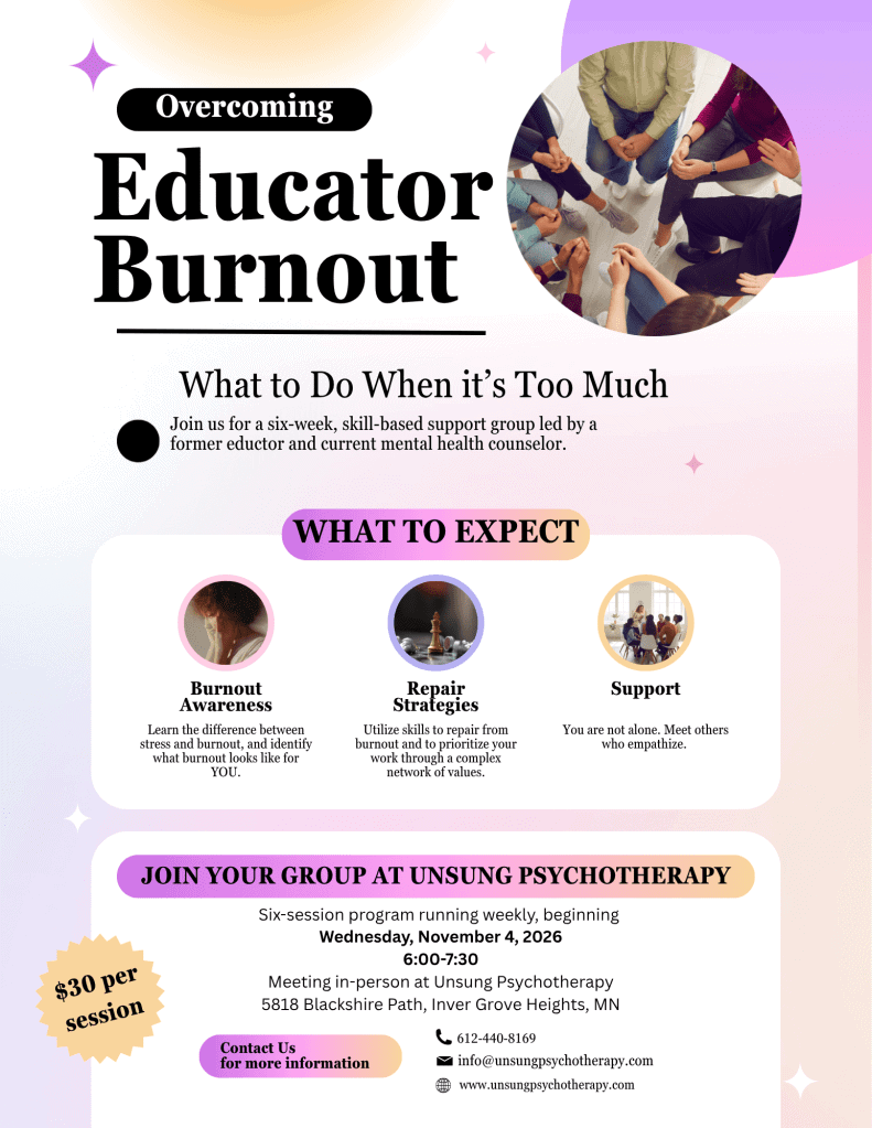 Poster promoting a six-week support group to address educator burnout, featuring a round photo of people in a circle and bold title 'Overcoming Educator Burnout'