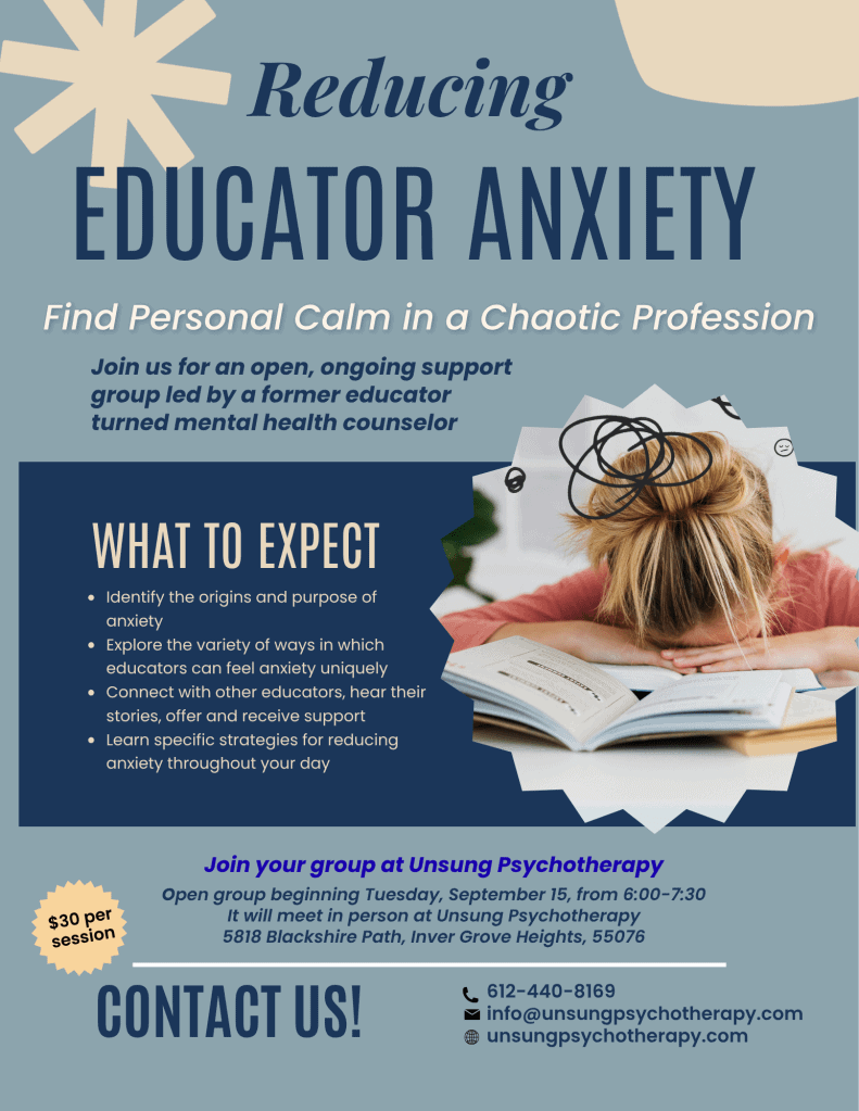 Poster about reducing educator anxiety with the title 'Reducing Educator Anxiety' and a photo of a student studying with papers and scribbles in the corner.