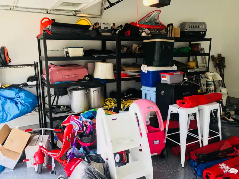 Storage organization garage shelving with various tools and household items used for home decluttering and organization.