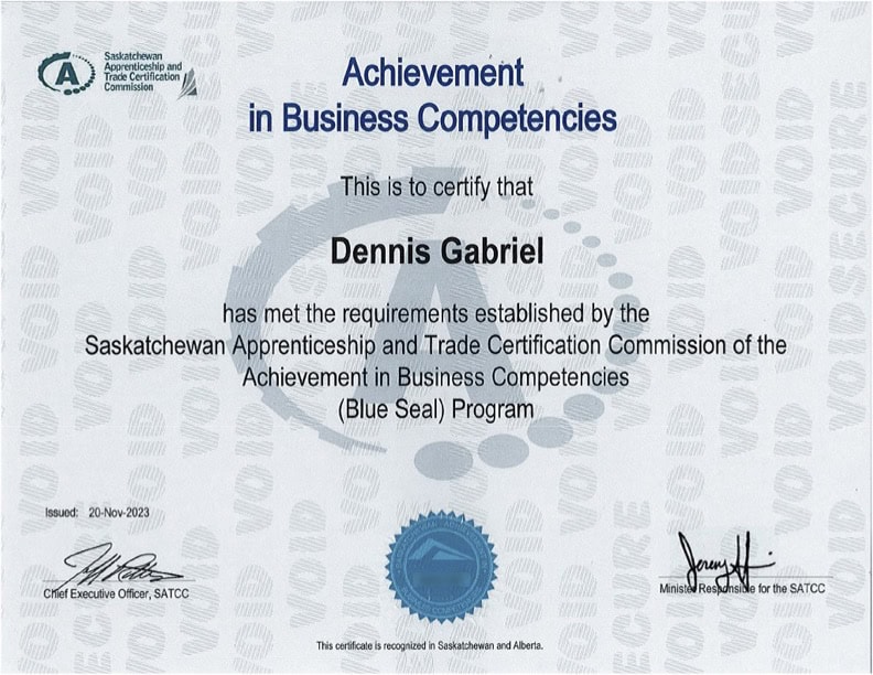Dennis Gabriel’s Achievement in Business Competencies Blue Seal Program certificate.