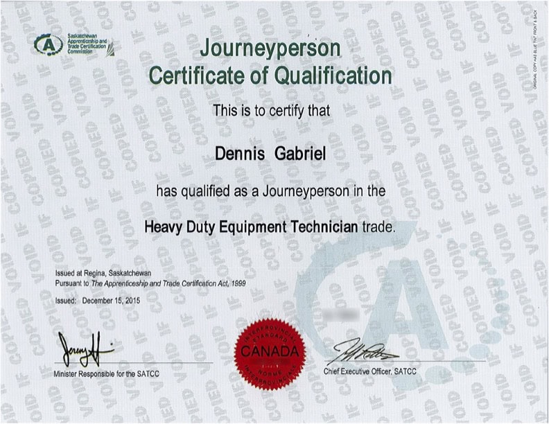 Dennis Gabriel’s Heavy Duty Equipment Technician certificate.