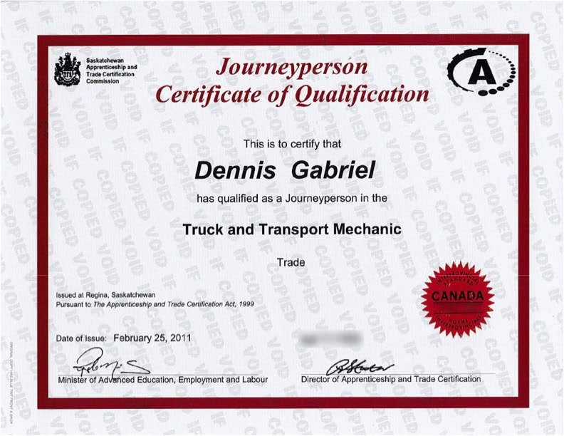 Dennis Gabriel’s Journeyperson truck and transport mechanic certification.