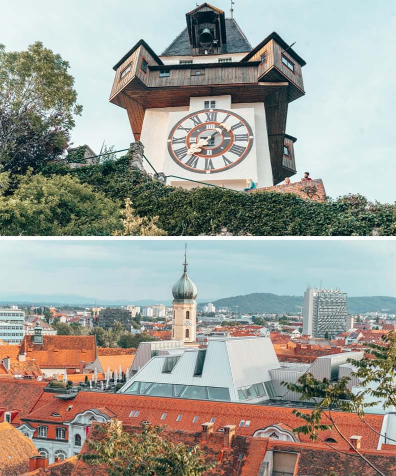 The clocktower and view from Schlossberg in Graz, Austria.