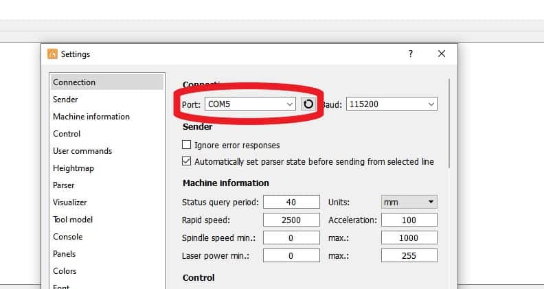 Gbrl com port settings