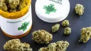 Frasco rotulado como 'cannabis medicinal' aberto, com flores secas de maconha espalhadas sobre uma superfície escura.