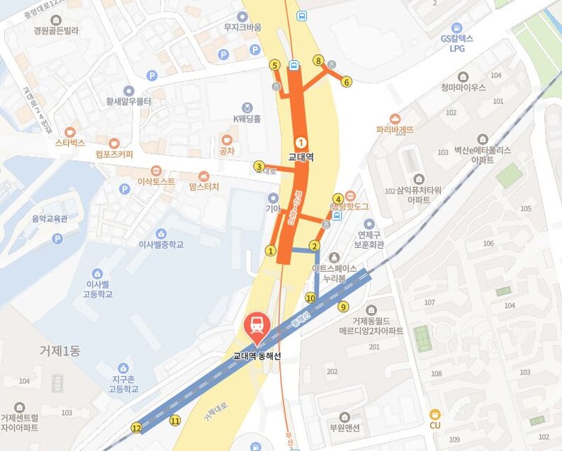 부산 교대역 환승 안내 지도, 지하철 1호선과 동해선 교대역 출구 간 도보 이동 경로 