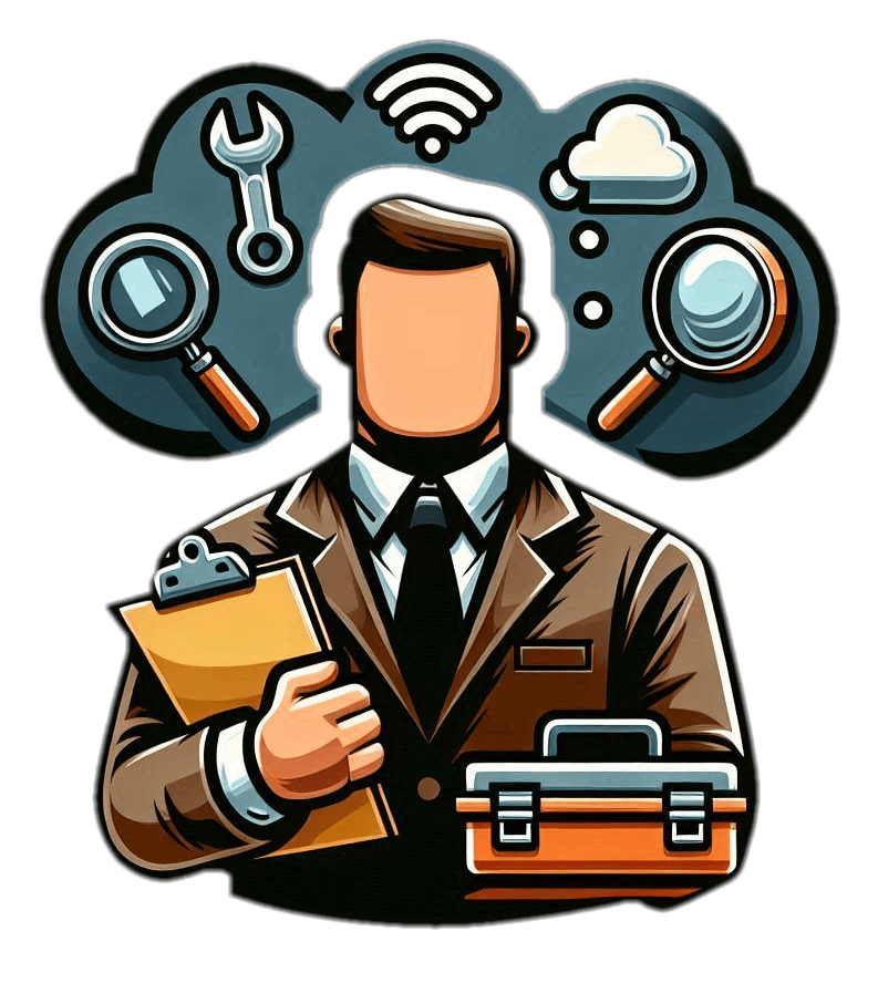 Illustration of an IT support and troubleshooting concept featuring a business professional holding a clipboard and a toolbox, with icons above for magnifying glass search, wrench tool, cloud computing, and Wi-Fi connectivity, symbolizing technical assistance and system maintenance.