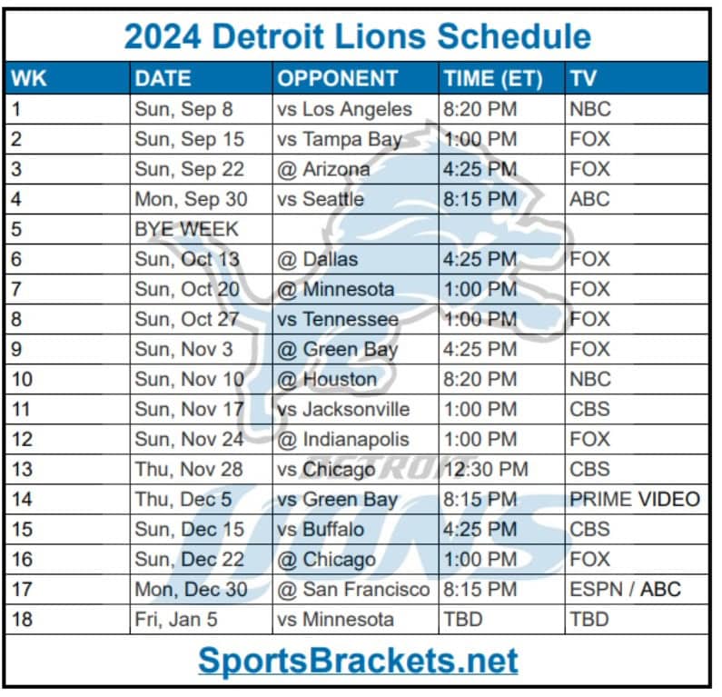 Printable 2024 Detroit Lions Schedule