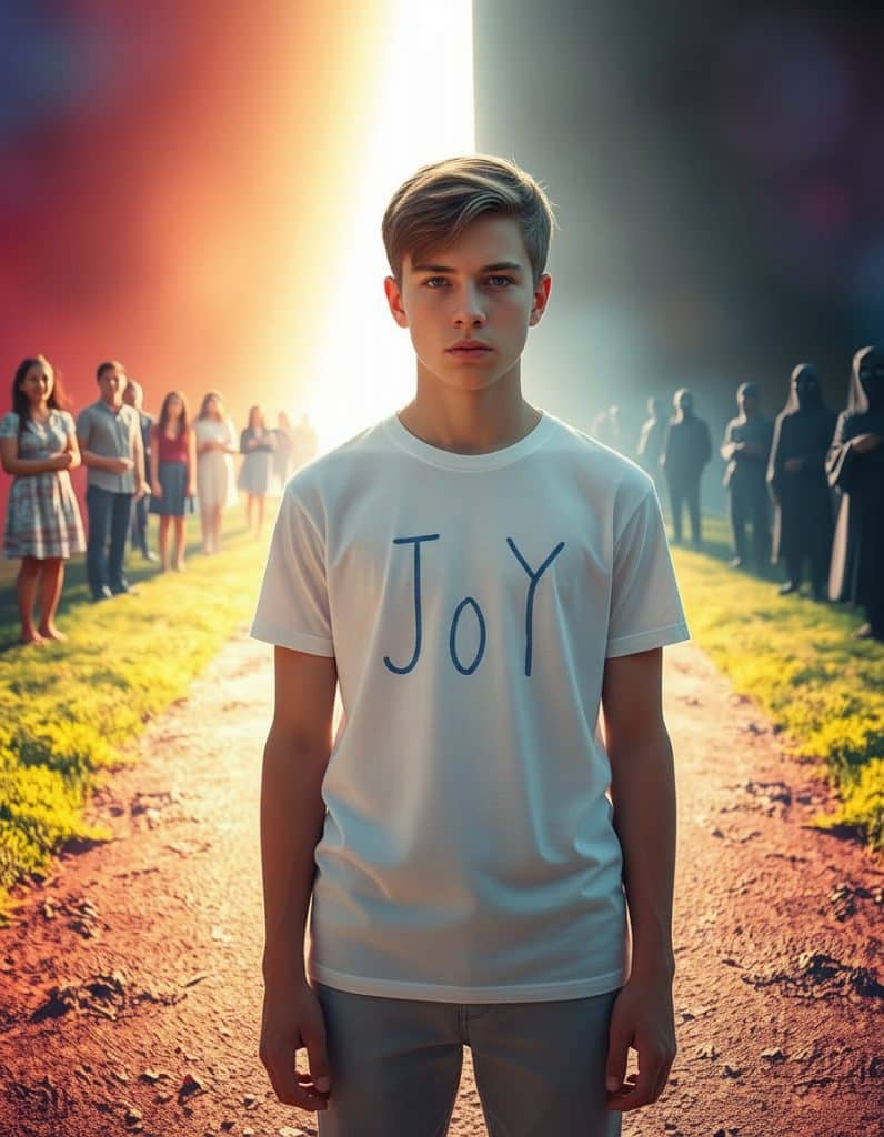 Young person stands at a crossroads between joy and darkness, wearing a shirt that says “JoY.”