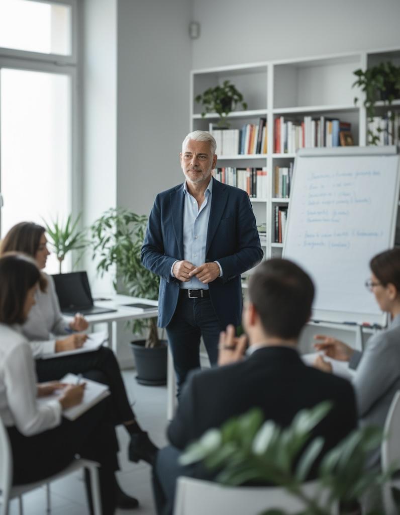 Business-Coach Heiko Meyer leitet ein Coaching für Führungskräfte und Fachkräfte in Berlin. Flipchart und Gruppe im Gespräch über Leadership und Kommunikation.