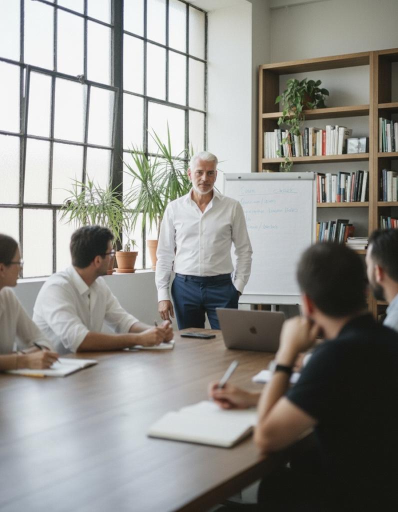 Business-Coach Heiko Meyer im Gespräch mit einer Führungskraft in heller Coaching-Umgebung in Berlin. Szene symbolisiert Klarheit, Struktur und praxisnahes Arbeiten im Coaching-Prozess.