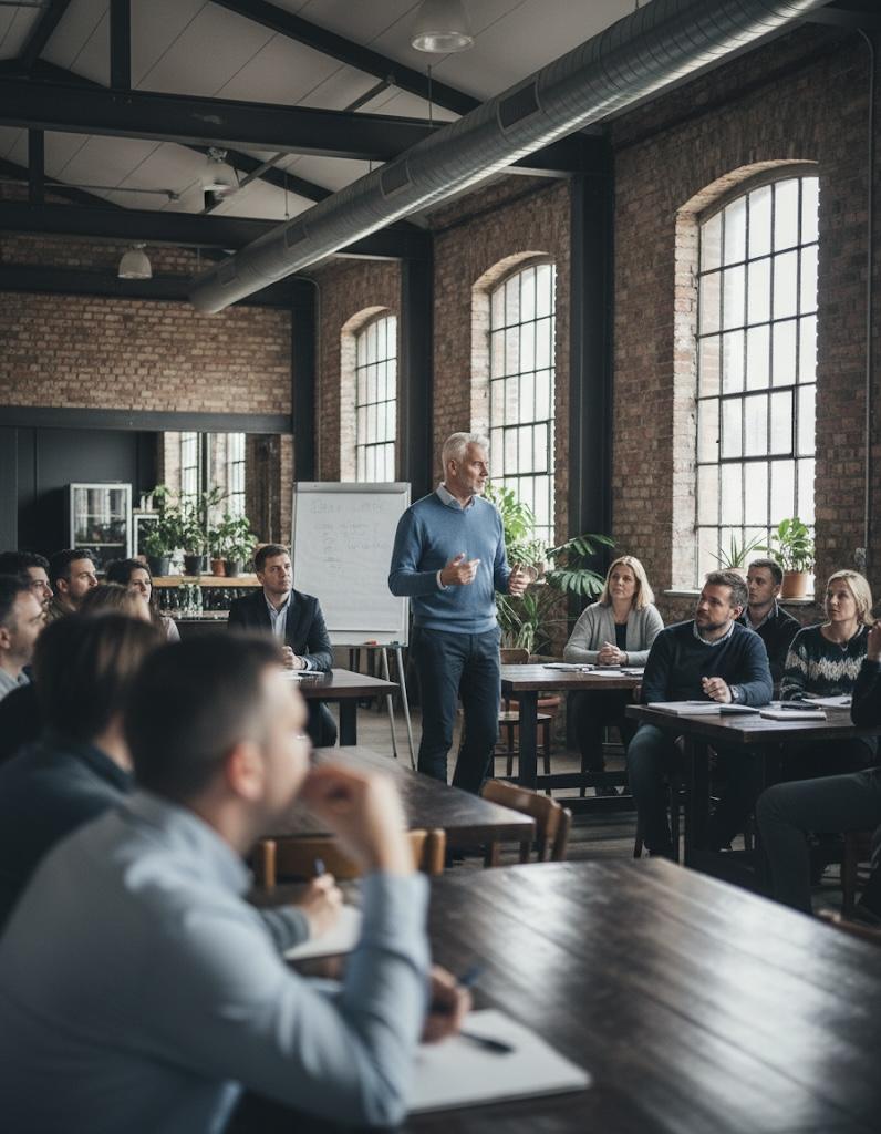 Business-Coach leitet einen Workshop in einem Berliner Loft – Führungskräfte und Fachkräfte im Austausch über Leadership und Veränderung.