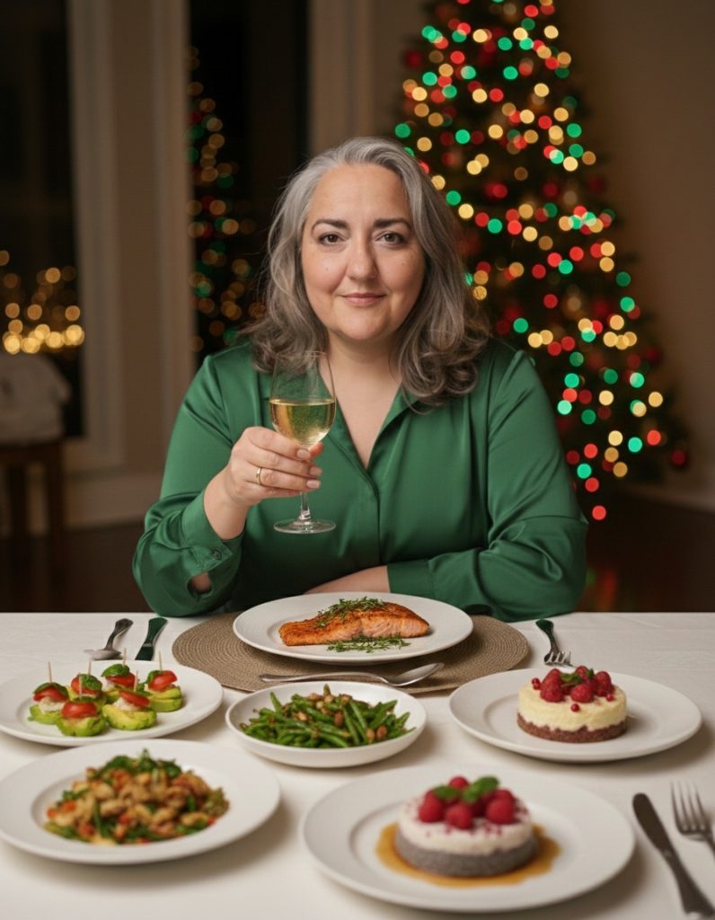 Mujer brindando con una copa en una mesa de Navidad con salmón, ensalada y postres, con el árbol iluminado al fondo