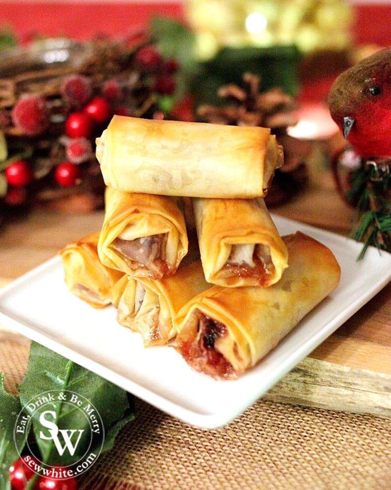 Mince Pie Rolls made with filo pastry and cranberry mincemeat filling. 