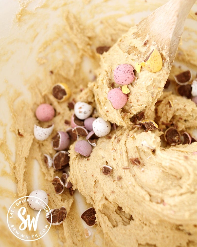 mini egg cookie bars being mixed