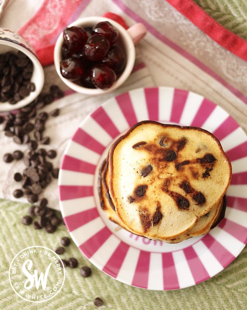 Top view of the chocolate cherry pancake stack