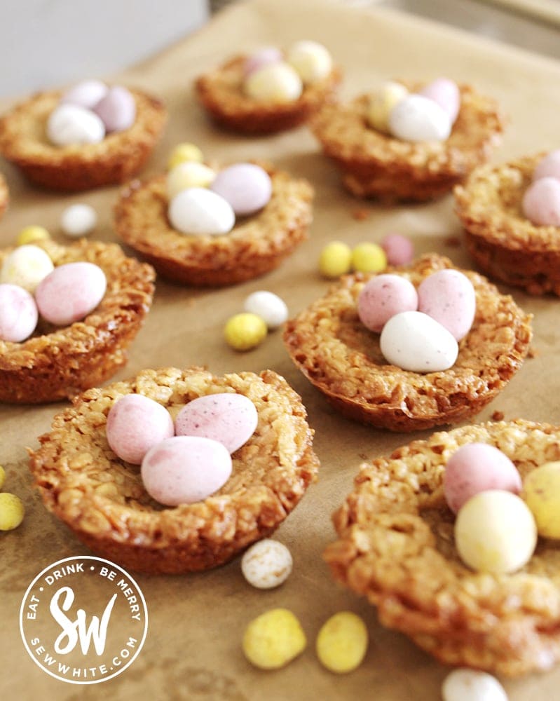 easter flapjack nests decorated with mini eggs and easter eggs