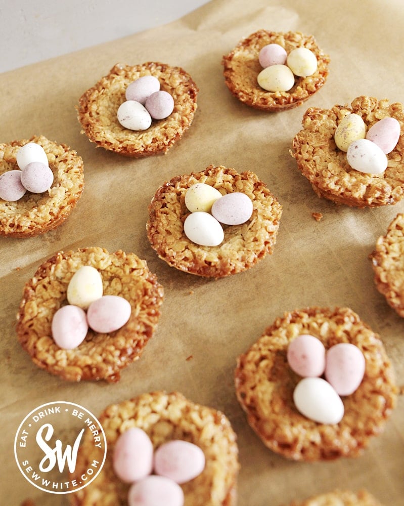 Easter flapjack nests filled with mini eggs for Easter picnics