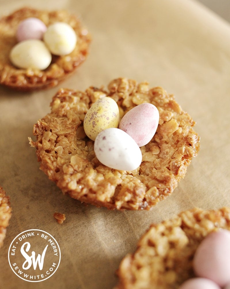 Close up of the easter flapjack nests filled with Easter eggs