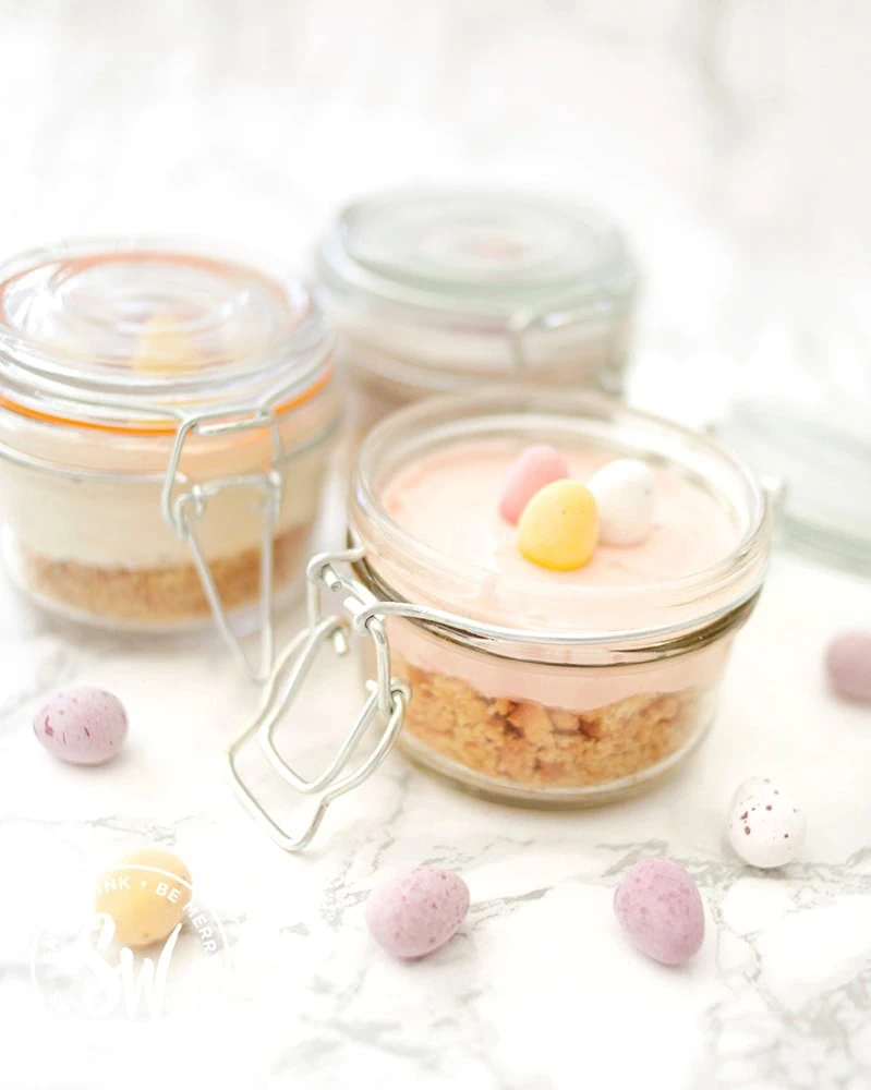 mini cheesecakes for easter with mini eggs in kilner clip lock jars