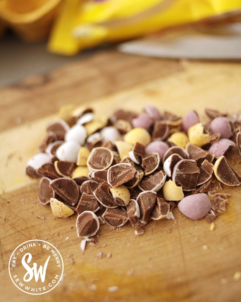 chopped up mini eggs for the mini egg cookie traybake