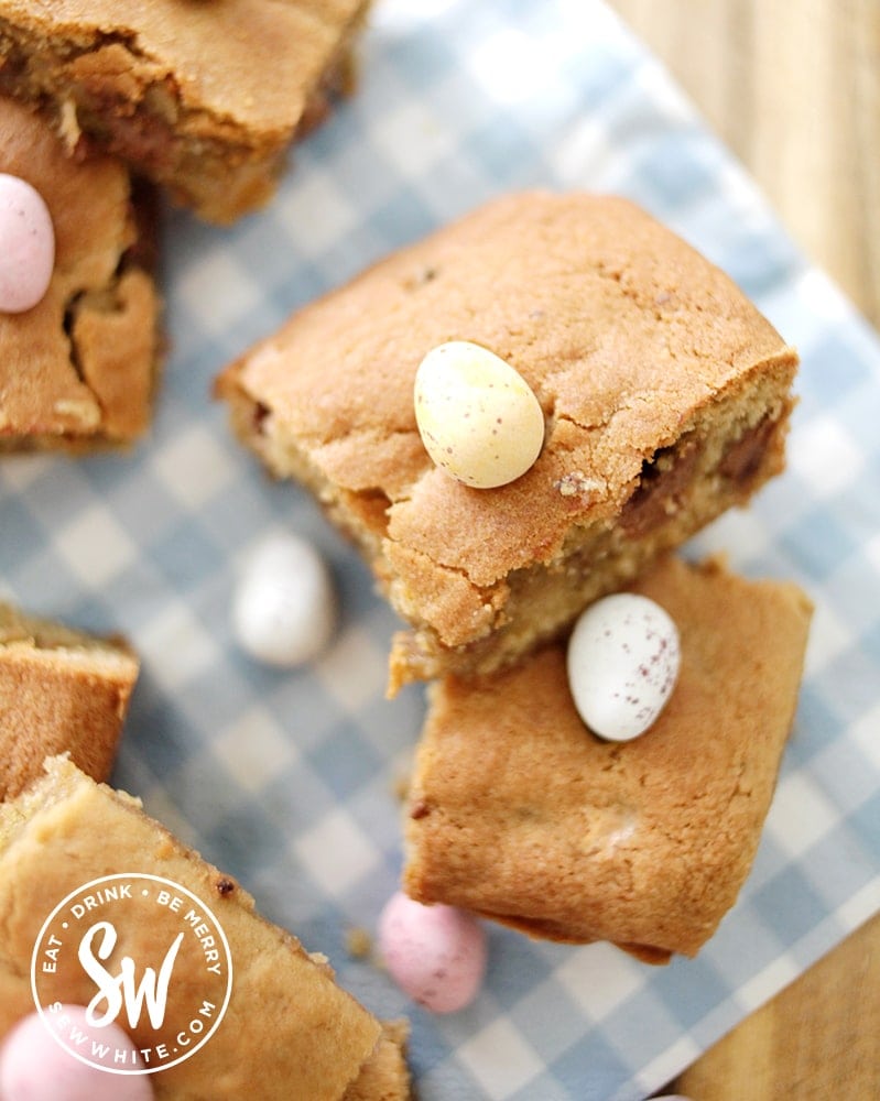 mini egg cookie bars from above covered in mini eggs