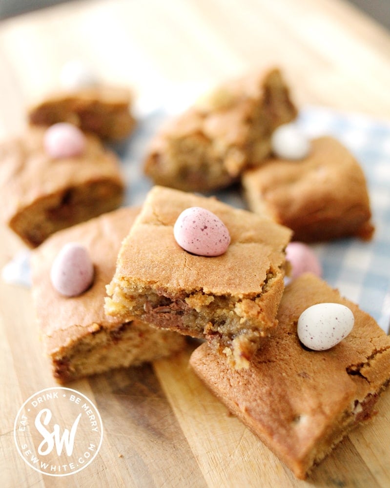 Mini Egg Cookie traybake with chocolate mini eggs mixed in. 