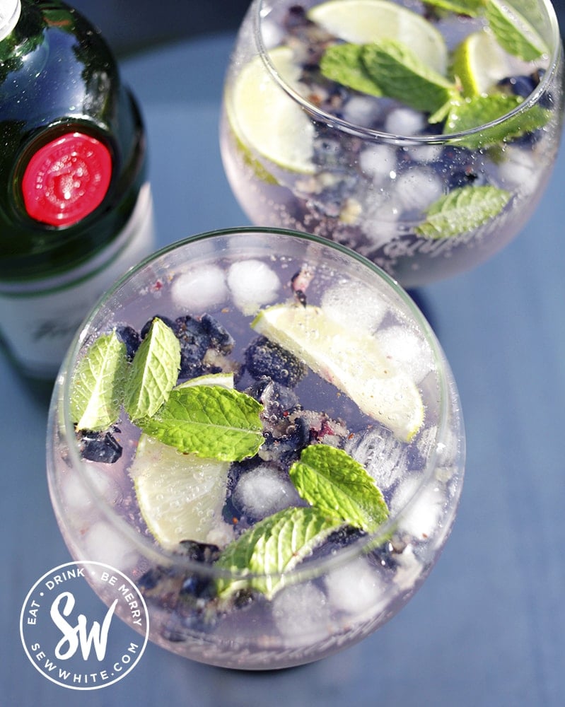 purple gin and tonic ade with fresh berries in a green stemed gin and tonic glass. Blueberry Gin and Tonic Recipe