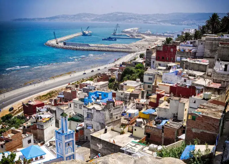 A panoramic view of Tunisia cityscape from a hilltop, showcasing buildings and greenery under a clear blue sky.