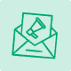 Green icon of an envelope containing a document on a light teal background