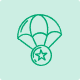 Green icon of a parachute delivering a package on a light teal background