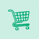 Green shopping cart icon on a light teal square
