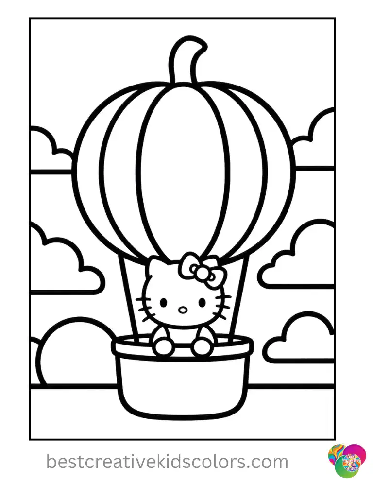 Pumpkin-shaped hot-air balloon carries a bow-wearing cat above clouds, fall coloring page