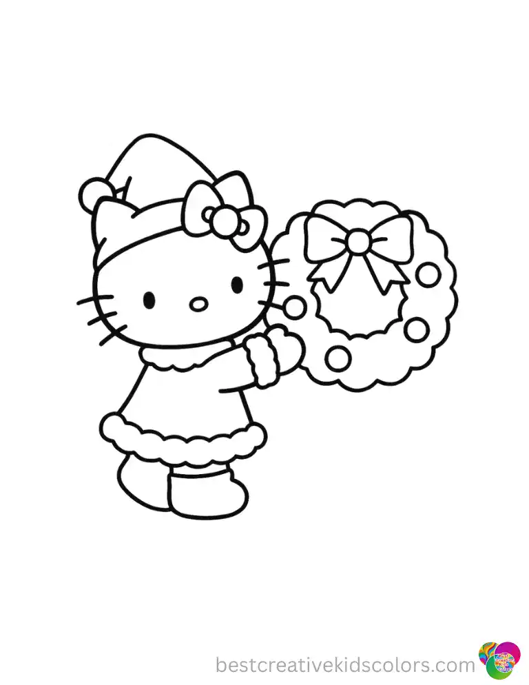 Hello Kitty hangs a fluffy red stocking on the fireplace.