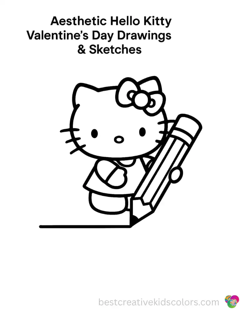 Hello Kitty draws a smooth straight line using an oversized uncolored pencil.