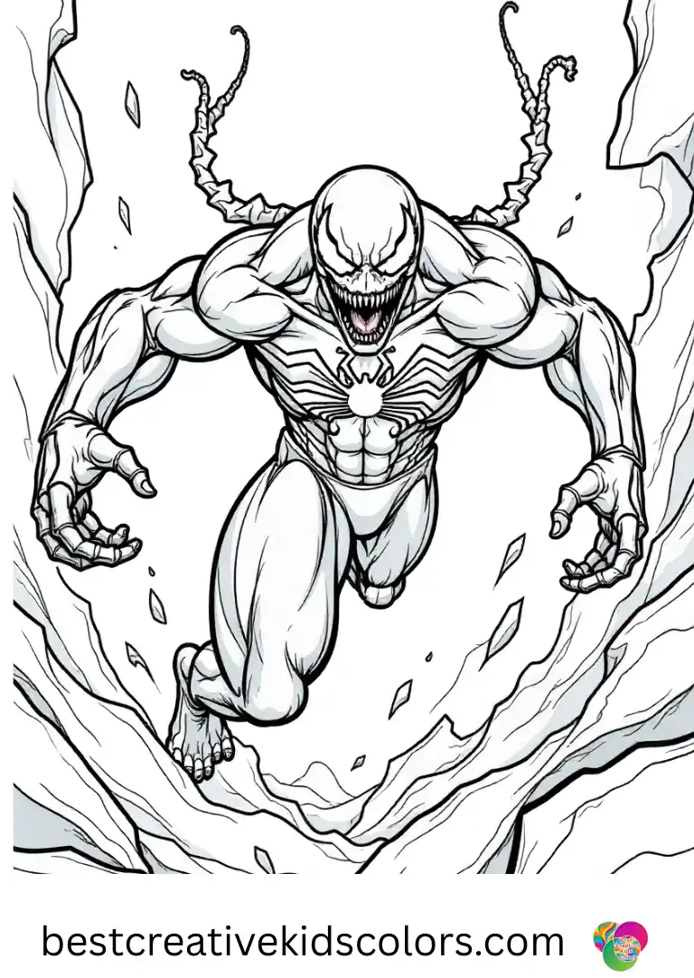 Characters leap across broken panels in a dynamic scene featuring All symbiotes in Venom 3.