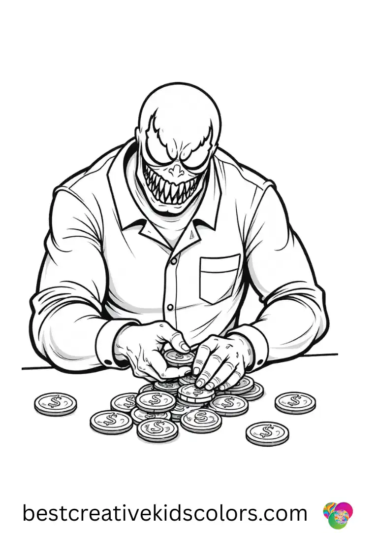 Among us venom coloring page for adults shows Venom counting coins into neat rows on an open table.