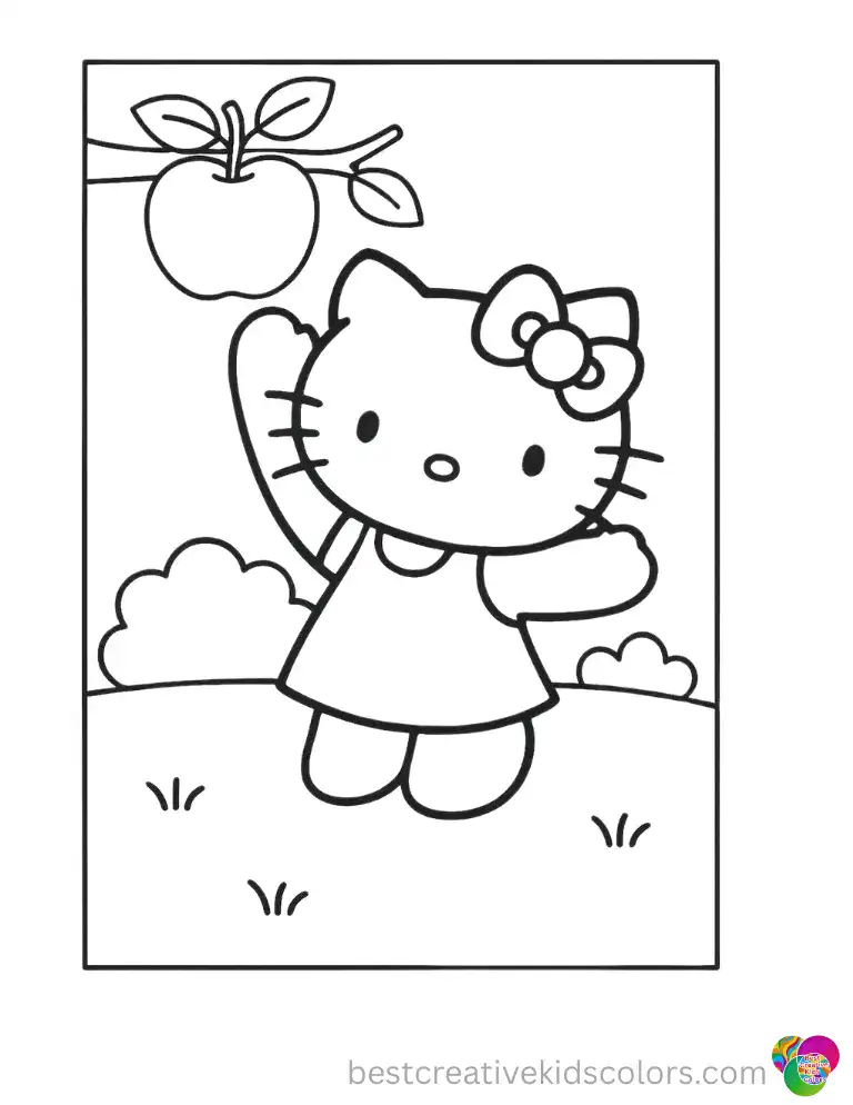 Both paws stretched up high, Hello Kitty plucks a shiny red apple from the branch. Open our Color Online tool and fill it in.