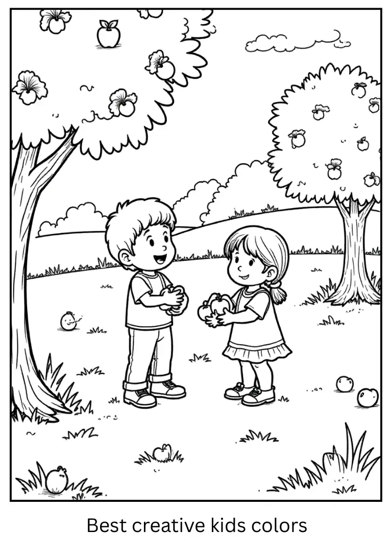 Apple Picking Scene Coloring Page