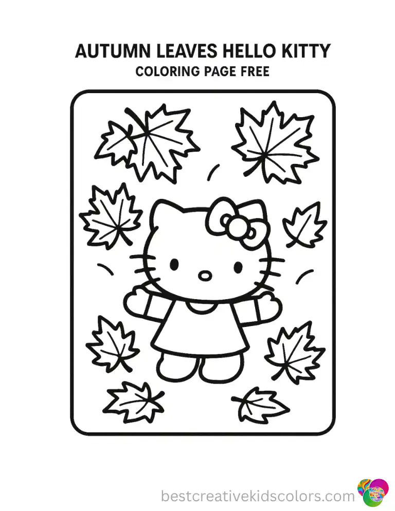 A big armful of orange maple leaves flies into the sky as Hello Kitty tosses them up. Print this page free and go wild.