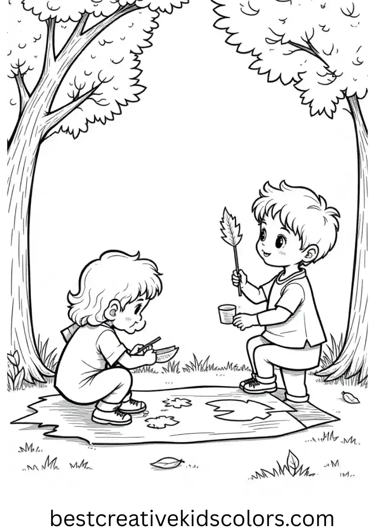 Autumn leaves coloring page for kids shows children painting leaf shapes on large sheets of paper.