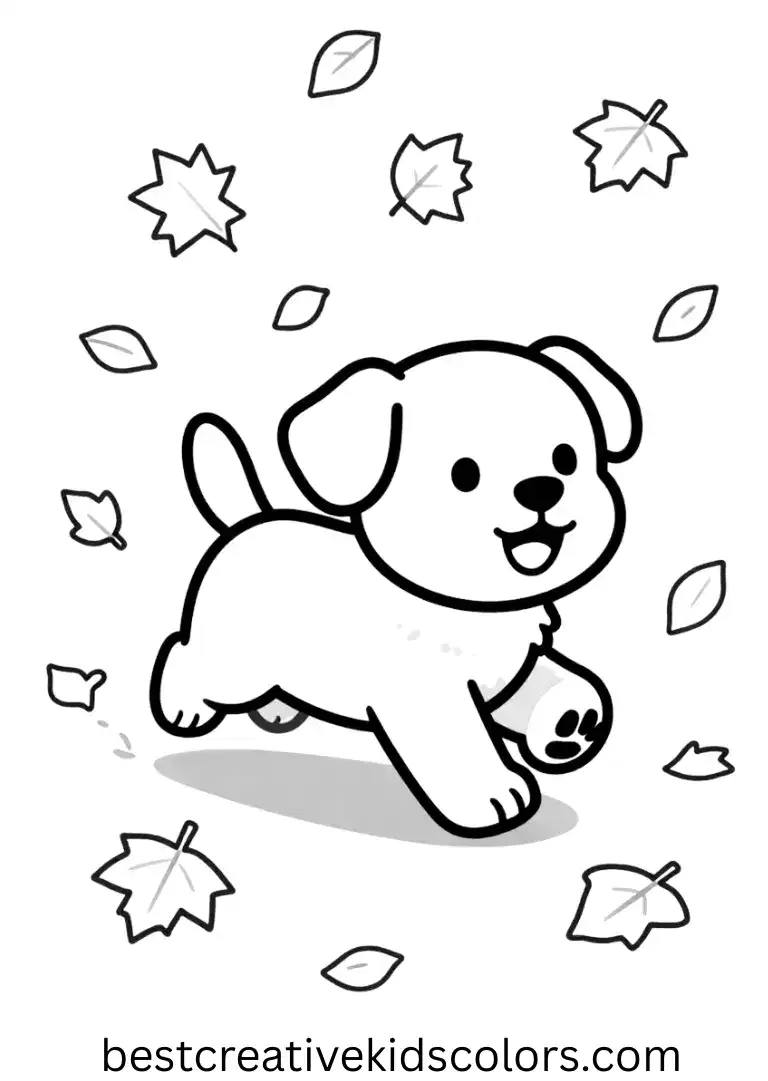 A playful puppy chases falling leaves across a park in Autumn leaves coloring page free.