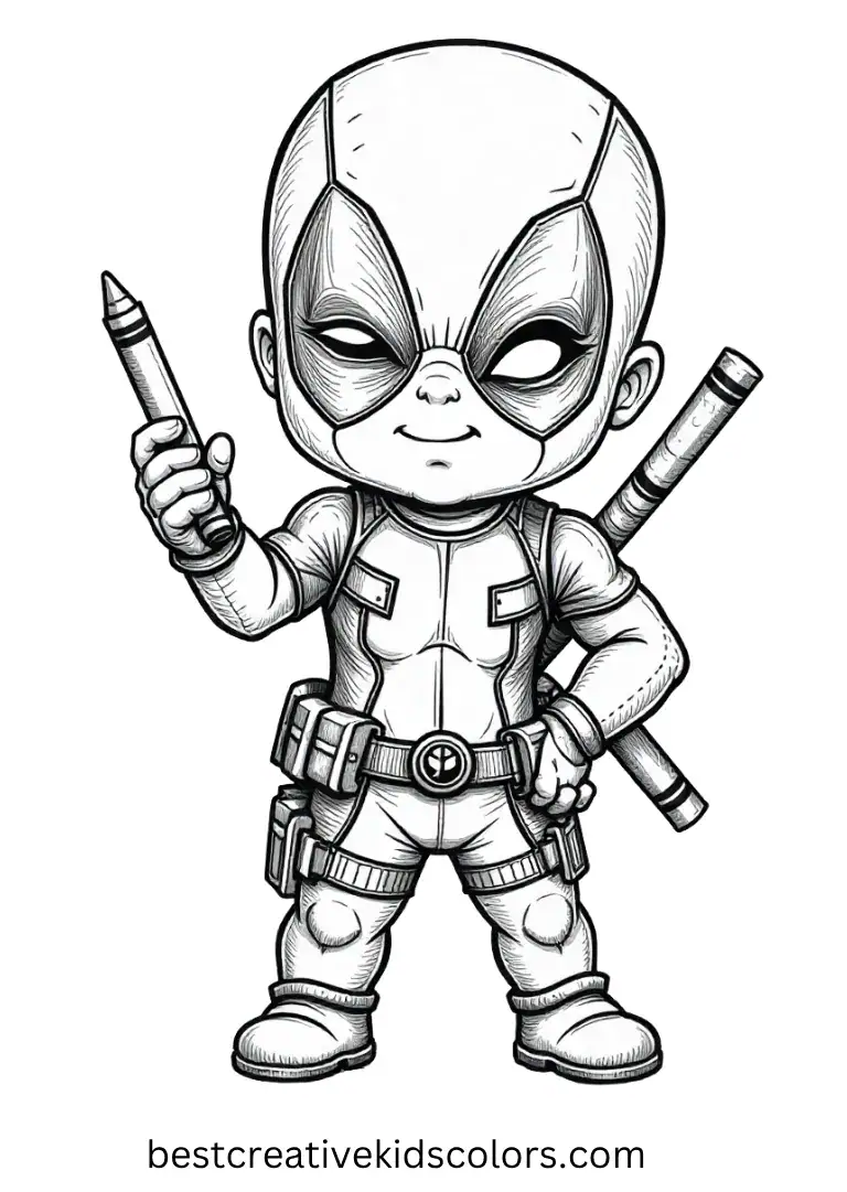 Capture baby Deadpool proudly showing his crayon drawing of himself as a superhero.
