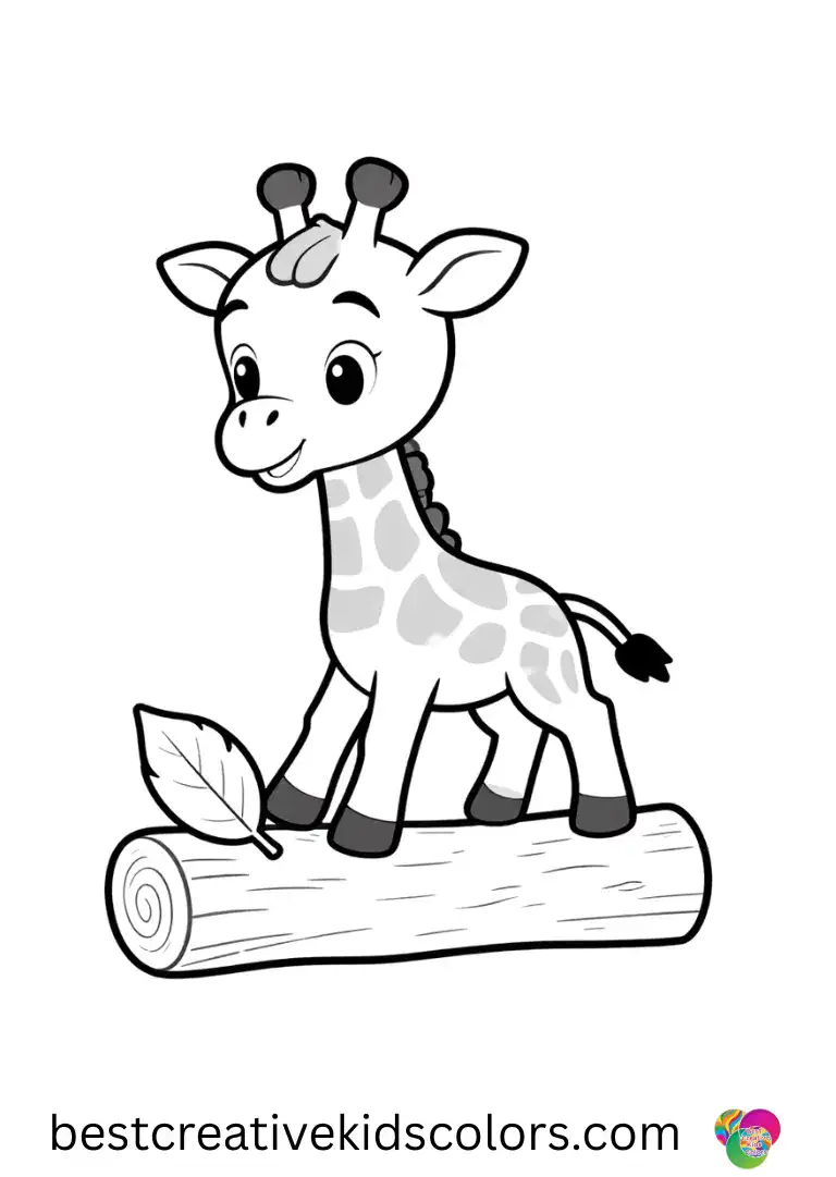 Baby giraffe coloring Pages show a small giraffe rolling a leaf along a smooth log.
