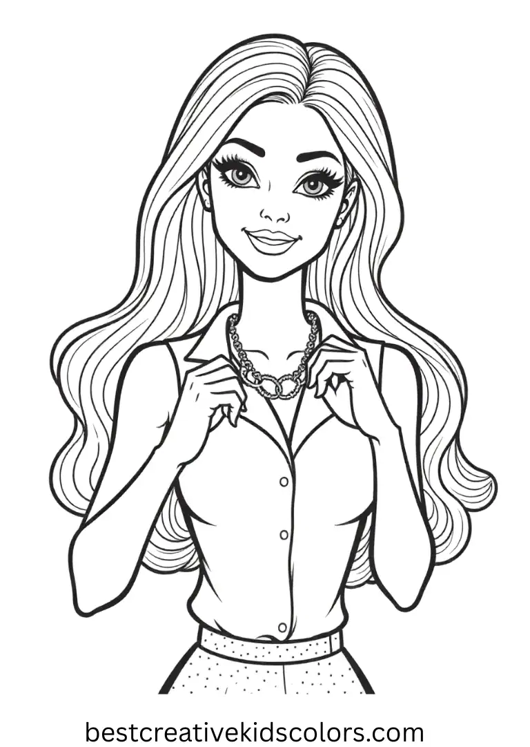 Adjusting her necklace, Barbie appears in a minimal background for Barbie coloring pages for adults.