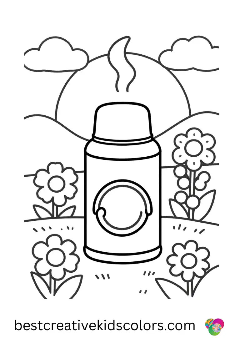 Beautiful sunrise flowers shows steam rising from a thermos lid.